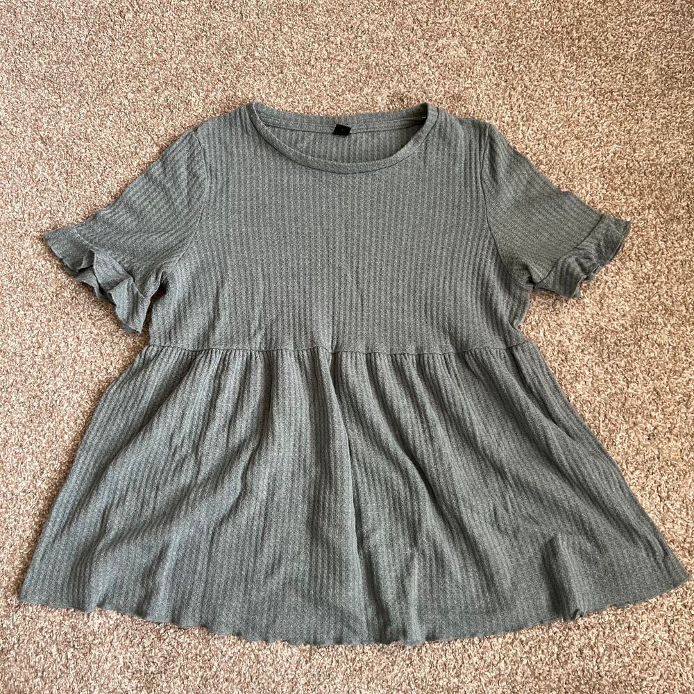 SHEIN Waffle Knit Babydoll Top Womens Large Gray Ruffle Fisherman Cottagecore